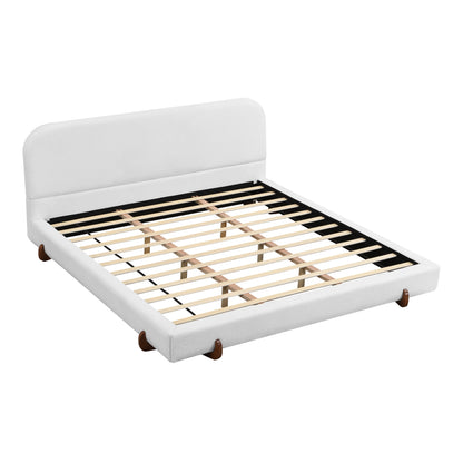 Maren Unique Design, White Fabric and Solid Wood Legs Upholstered Bed Frame