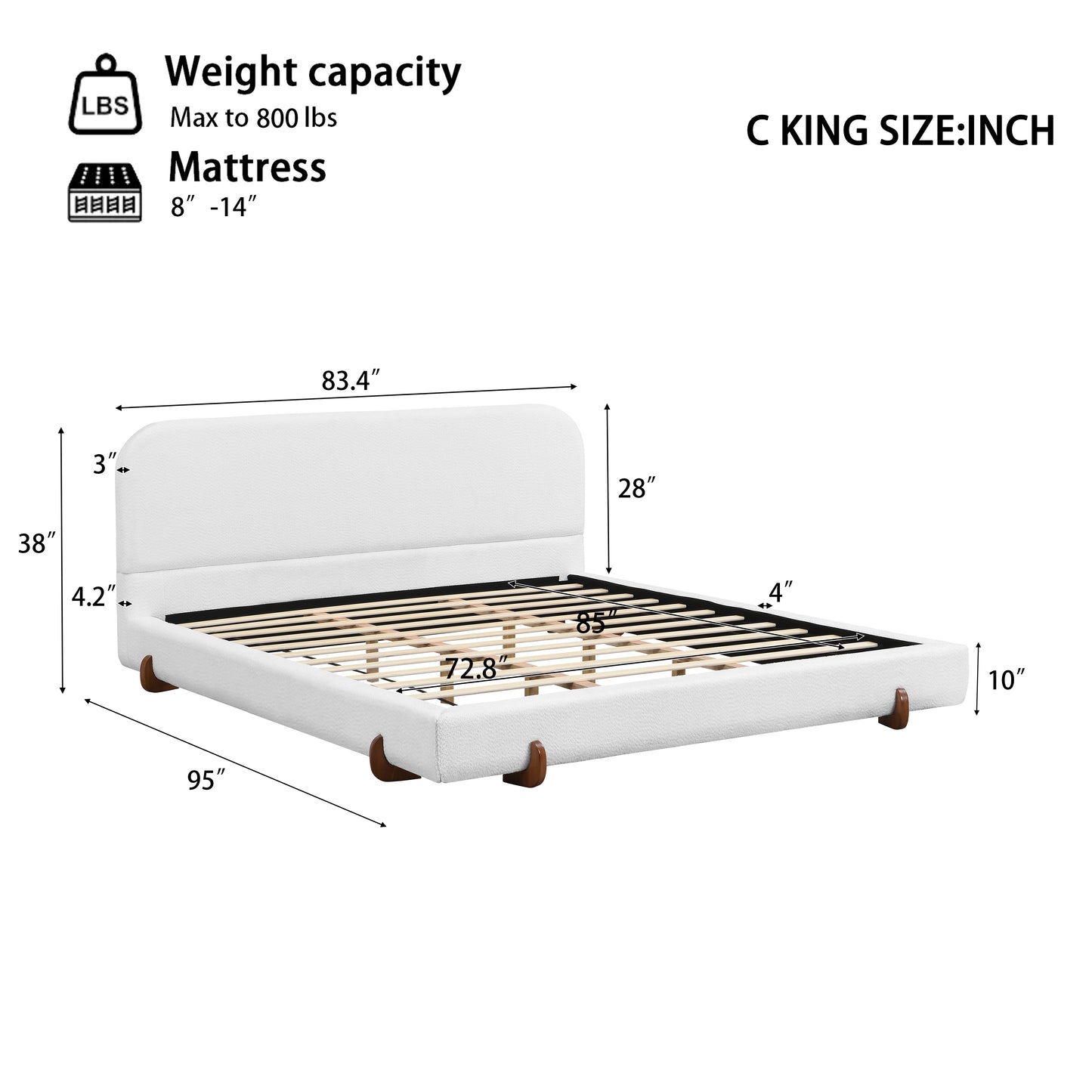 Maren Unique Design, White Fabric and Solid Wood Legs Upholstered Bed Frame