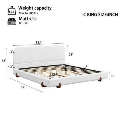 Maren Unique Design, White Fabric and Solid Wood Legs Upholstered Bed Frame