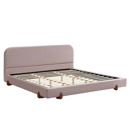 Maren Unique Design, White Fabric and Solid Wood Legs Upholstered Bed Frame