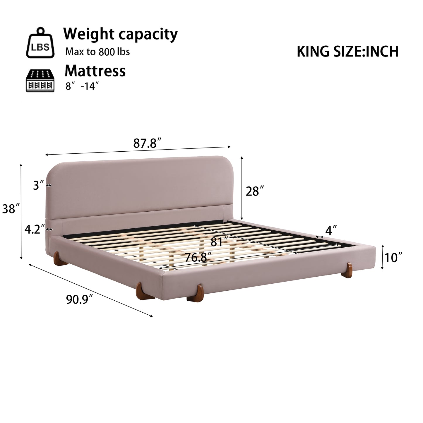 Maren Unique Design, White Fabric and Solid Wood Legs Upholstered Bed Frame