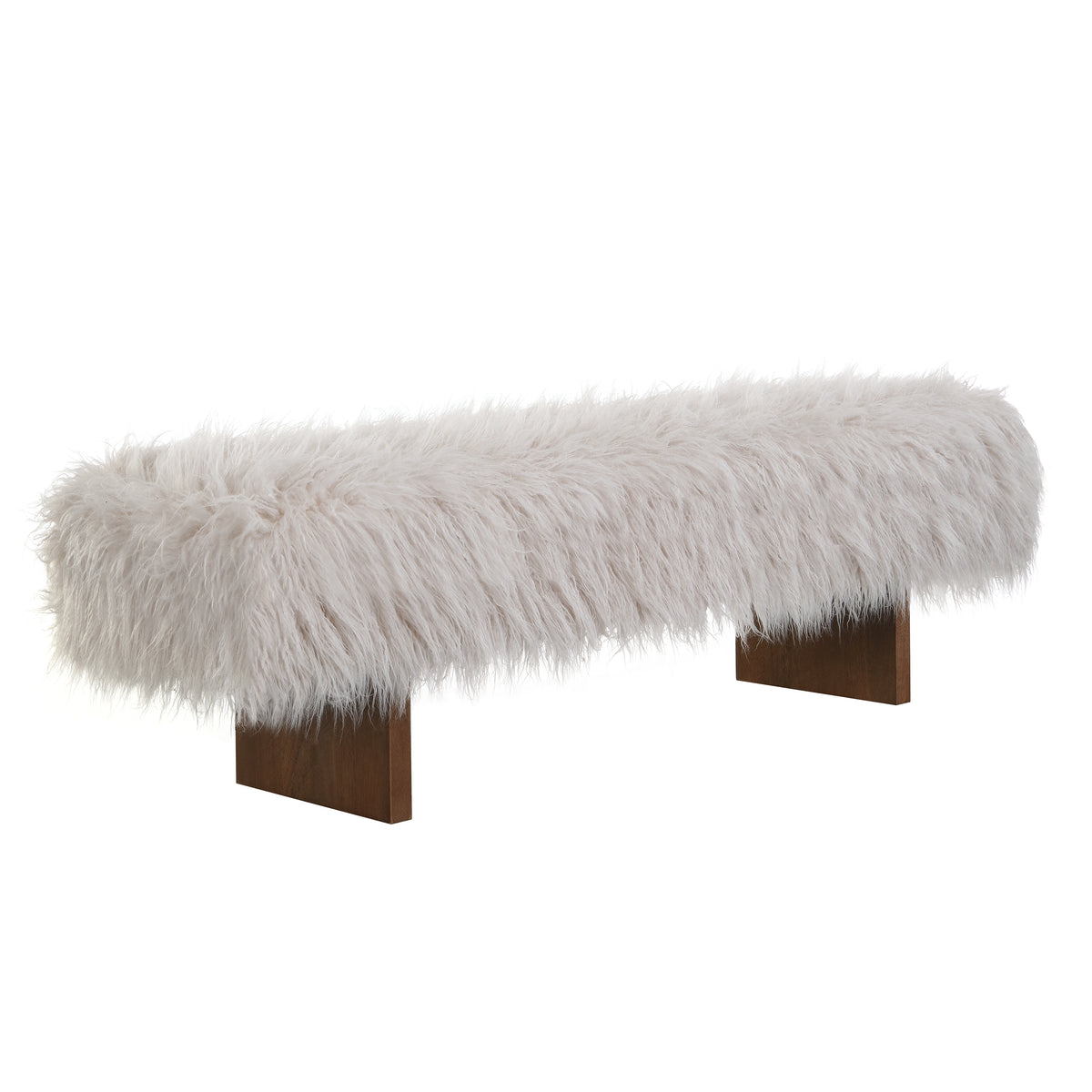 Redolent Lenka 67" Long-haired Faux Wool Bedroom Bench, Rubberwood Ottoman Bench, Spacious Seating, Long Footstool for Living Room, Luxury Entryway Bench, Brown+Beige