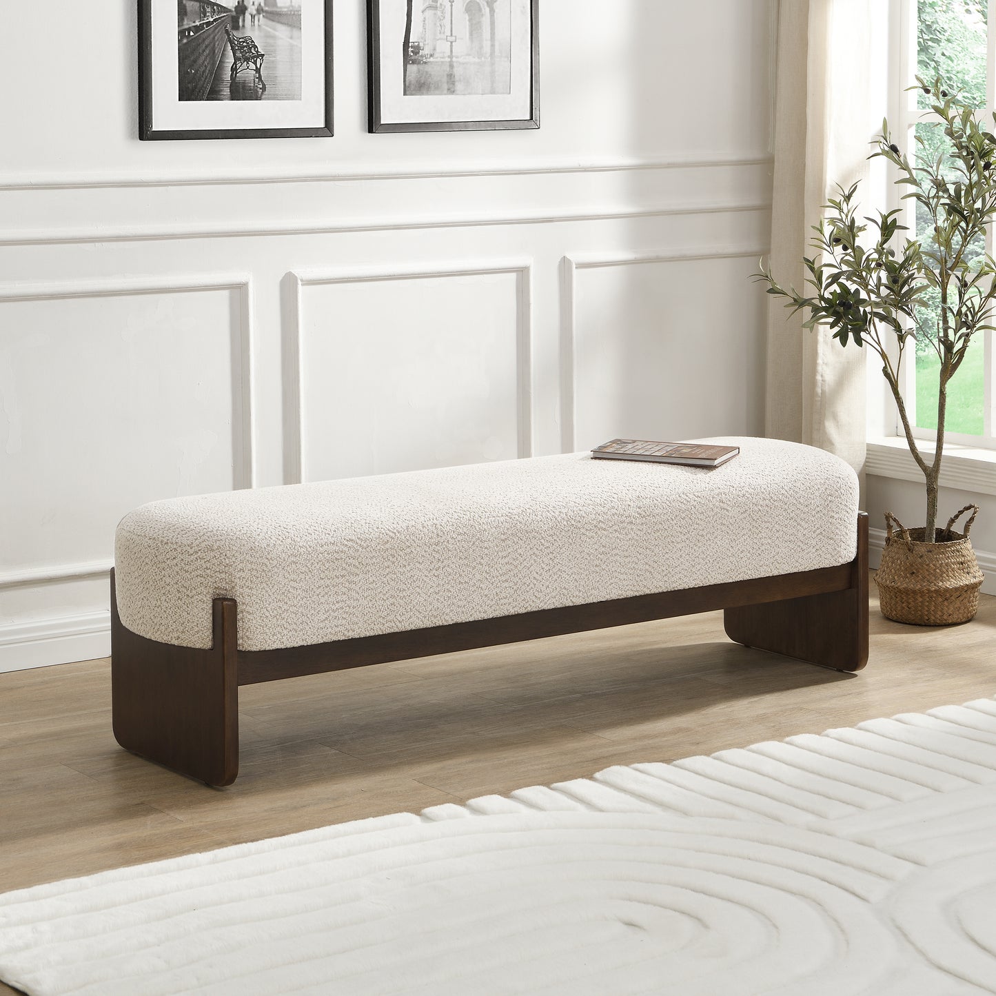 Sorena Modern Upholstered Loop Yarn Ottoman, Solid Wood