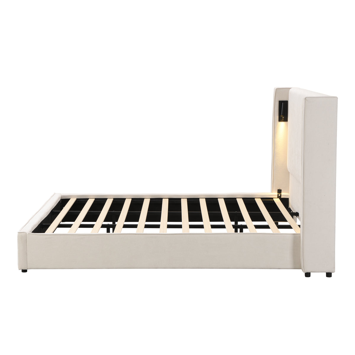 Catharsis 49.20" H King Headboard Bed, Upholstered King Size Bed, Slats Panel Support Platform, No Spring Box Needed, Wingback Headboard with Reading Lamps and USB, Beige Visit the Christopher Knight Home Store