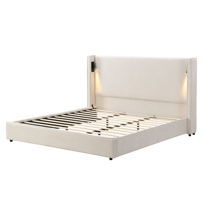 Catharsis 49.20" H King Headboard Bed, Upholstered King Size Bed, Slats Panel Support Platform, No Spring Box Needed, Wingback Headboard with Reading Lamps and USB, Beige Visit the Christopher Knight Home Store