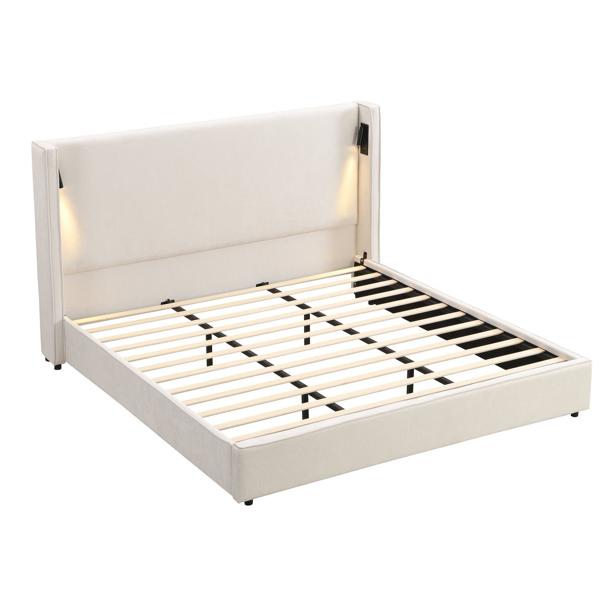 Catharsis 49.20" H King Headboard Bed, Upholstered King Size Bed, Slats Panel Support Platform, No Spring Box Needed, Wingback Headboard with Reading Lamps and USB, Beige Visit the Christopher Knight Home Store