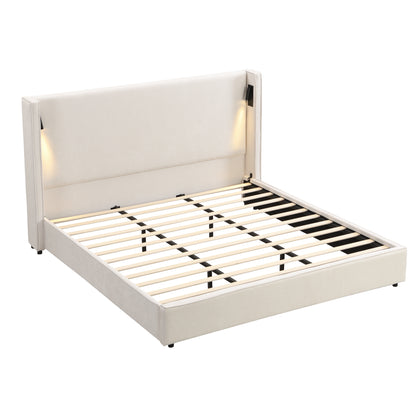 Catharsis 49.20" H King Headboard Bed, Upholstered King Size Bed, Slats Panel Support Platform, No Spring Box Needed, Wingback Headboard with Reading Lamps and USB, Beige Visit the Christopher Knight Home Store
