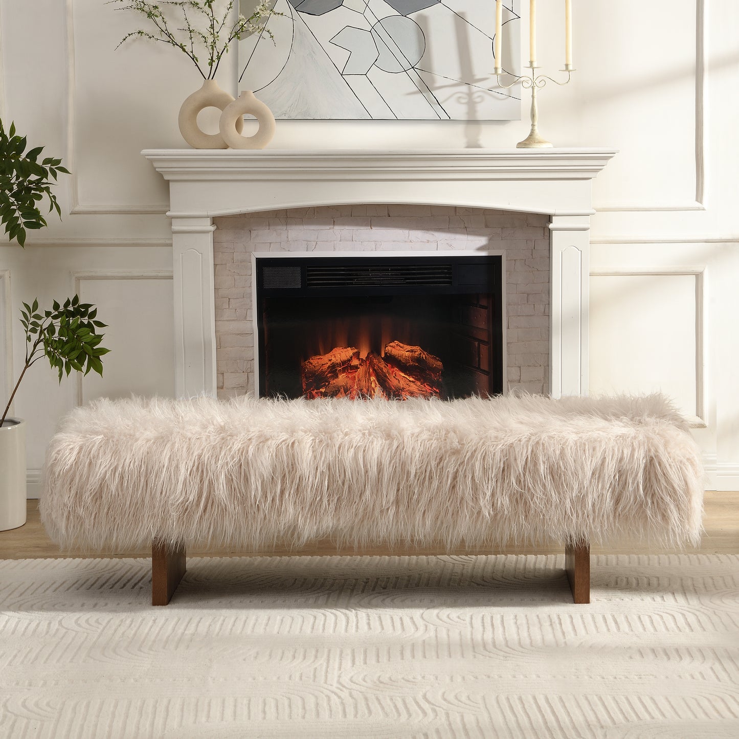 Sable Solid Wood and Sturdy Long-haired Faux Wool Bench