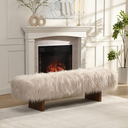 Sable Solid Wood and Sturdy Long-haired Faux Wool Bench
