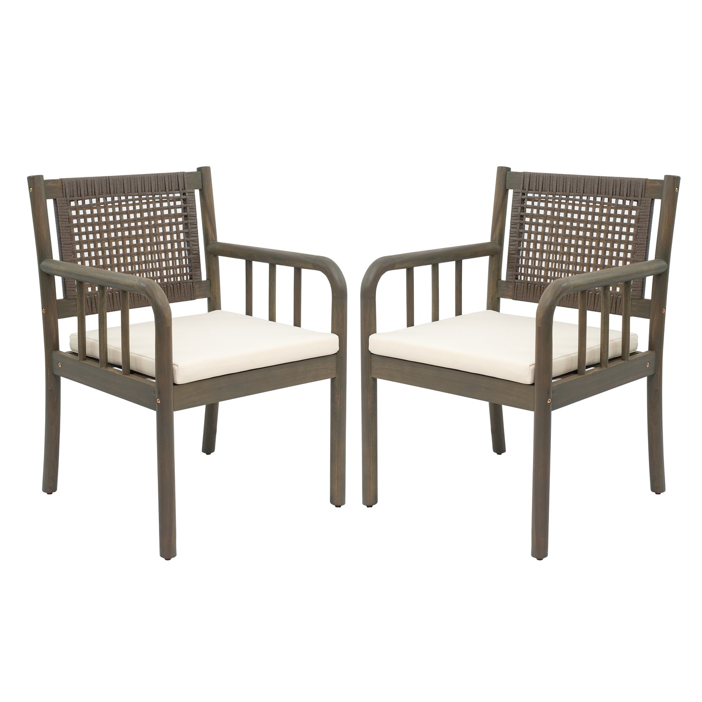 Kiyana Porto Outdoor Dining Chair Set of 2, Acacia Wood and PE Rattan Frame, Waterproof Fabric Cushions, Modern Patio Dining Armchairs