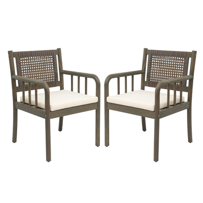 Kiyana Porto Outdoor Dining Chair Set of 2, Acacia Wood and PE Rattan Frame, Waterproof Fabric Cushions, Modern Patio Dining Armchairs