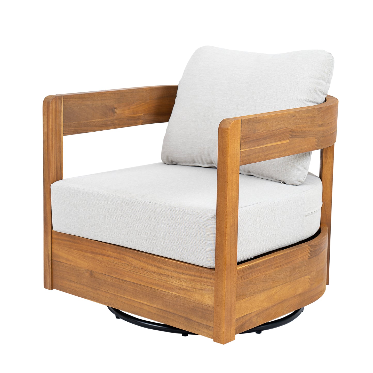Loveday Wood Outdoor Swivel Club Chair – Ethereal Weather-Resistant Finish with Plush Beige Cushions for Tranquil Patio Lounging