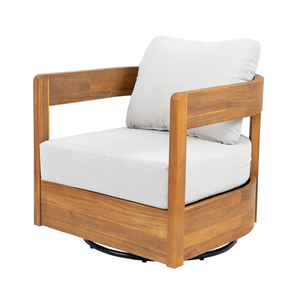 Loveday Wood Outdoor Swivel Club Chair – Ethereal Weather-Resistant Finish with Plush Beige Cushions for Tranquil Patio Lounging