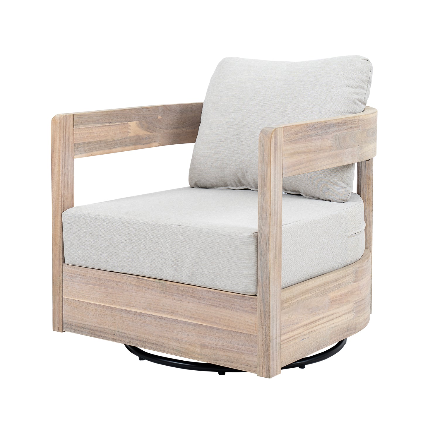 Loveday Wood Outdoor Swivel Club Chair – Ethereal Weather-Resistant Finish with Plush Beige Cushions for Tranquil Patio Lounging