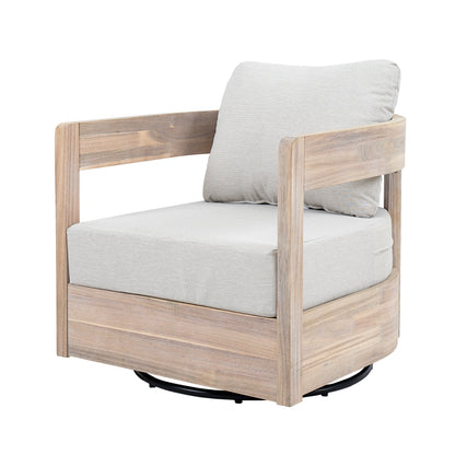 Loveday Wood Outdoor Swivel Club Chair – Ethereal Weather-Resistant Finish with Plush Beige Cushions for Tranquil Patio Lounging