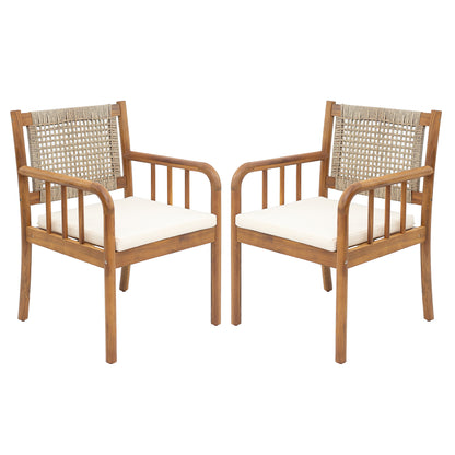 Kiyana Porto Outdoor Dining Chair Set of 2, Acacia Wood and PE Rattan Frame, Waterproof Fabric Cushions, Modern Patio Dining Armchairs