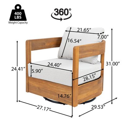 Loveday Wood Outdoor Swivel Club Chair – Ethereal Weather-Resistant Finish with Plush Beige Cushions for Tranquil Patio Lounging