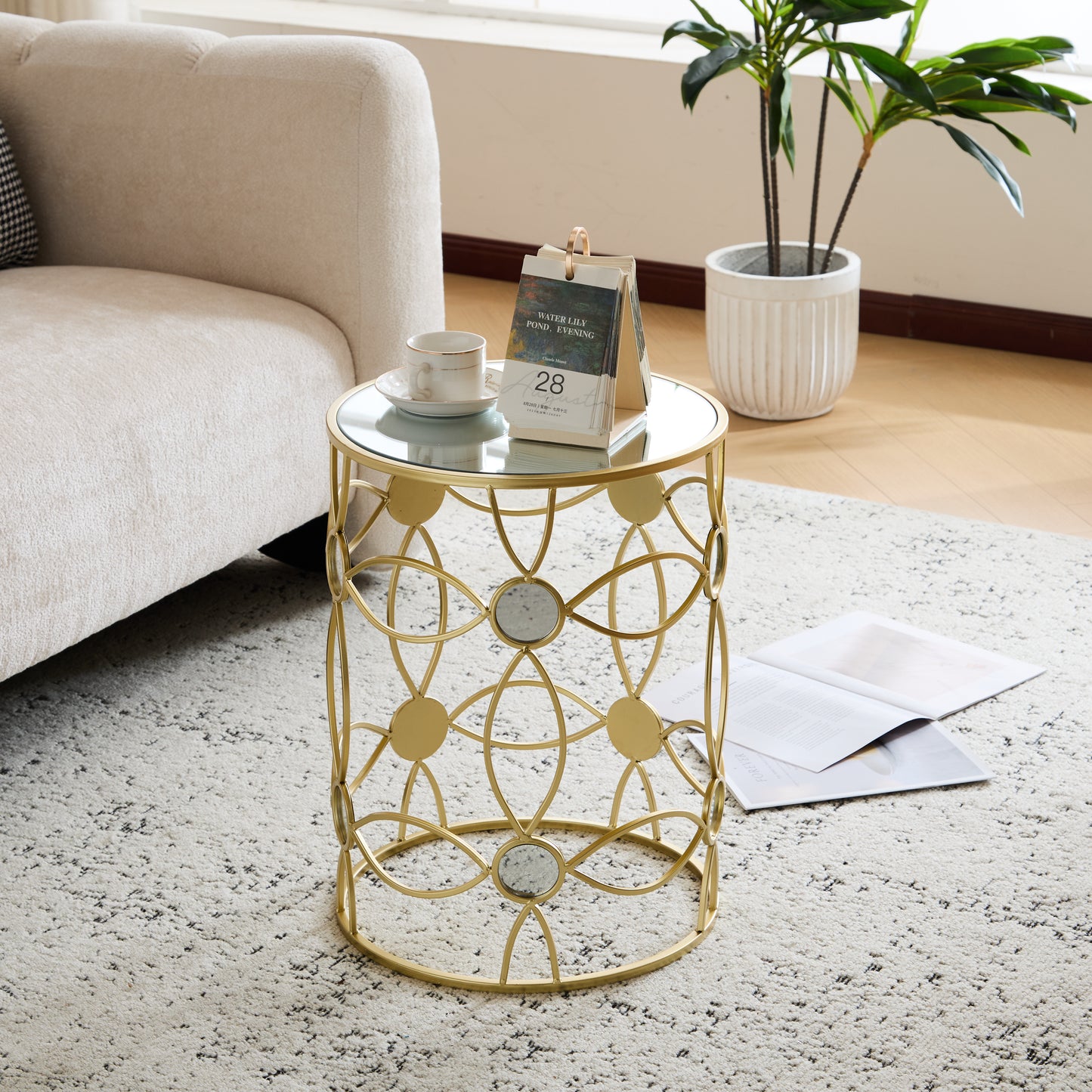Loreler Modern Side Table Metal Frame +Mirror Top