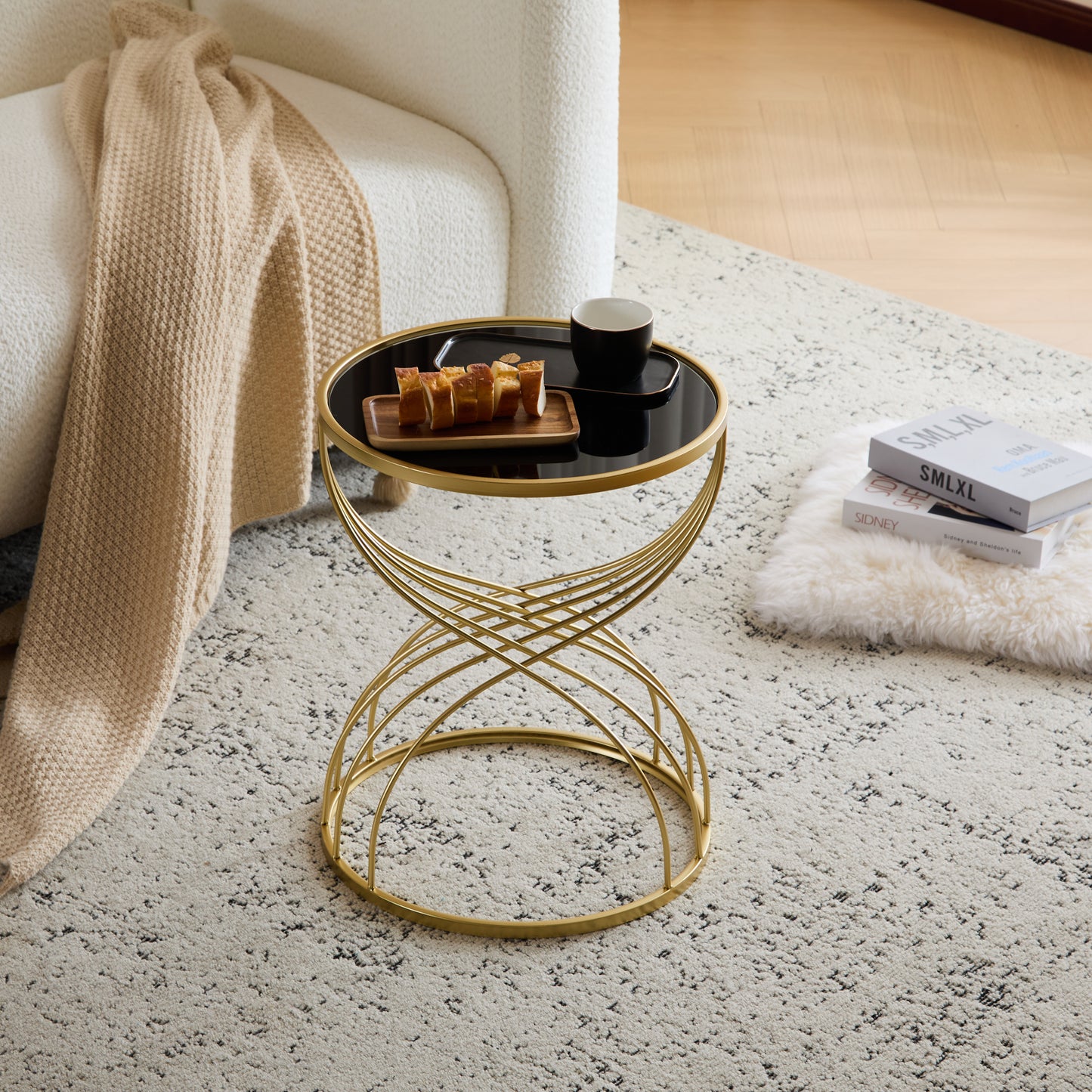Rileas Modern Side Table Golden Metal Frame+Black MIirror Top