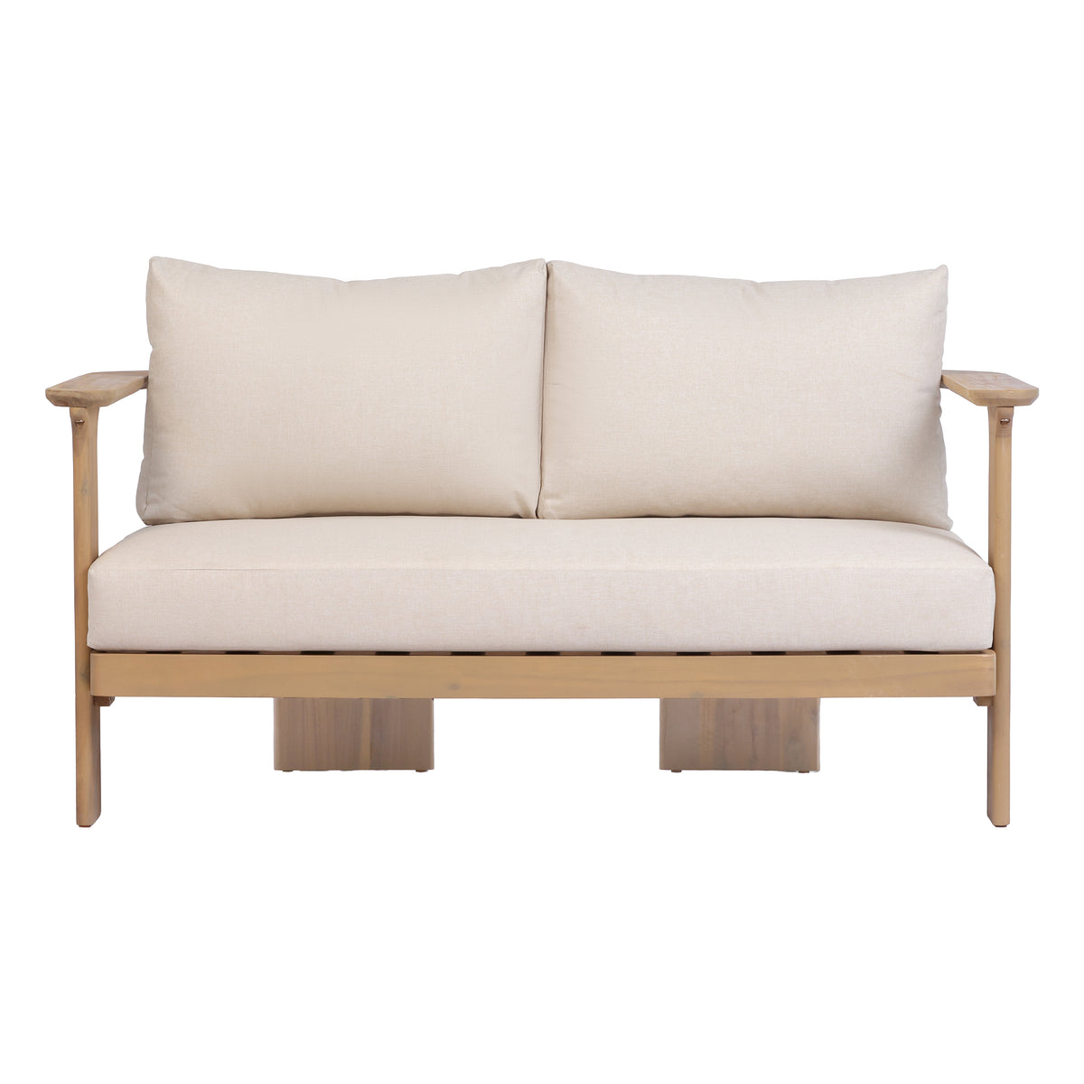 Scintilla Acacia Wood Outdoor Loveseat with Coffee Table, 2 Pcs Patio Furniture Set with Water Repellent Beige Cushions, Brown Frame, Ideal for Backyard Porch Balcony Deck