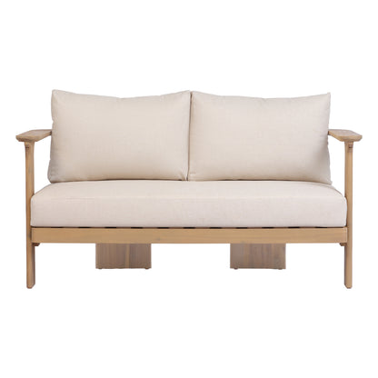 Scintilla Acacia Wood Outdoor Loveseat with Coffee Table, 2 Pcs Patio Furniture Set with Water Repellent Beige Cushions, Brown Frame, Ideal for Backyard Porch Balcony Deck