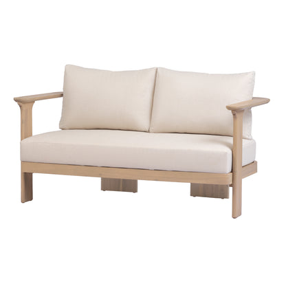 Scintilla Acacia Wood Outdoor Loveseat with Coffee Table, 2 Pcs Patio Furniture Set with Water Repellent Beige Cushions, Brown Frame, Ideal for Backyard Porch Balcony Deck