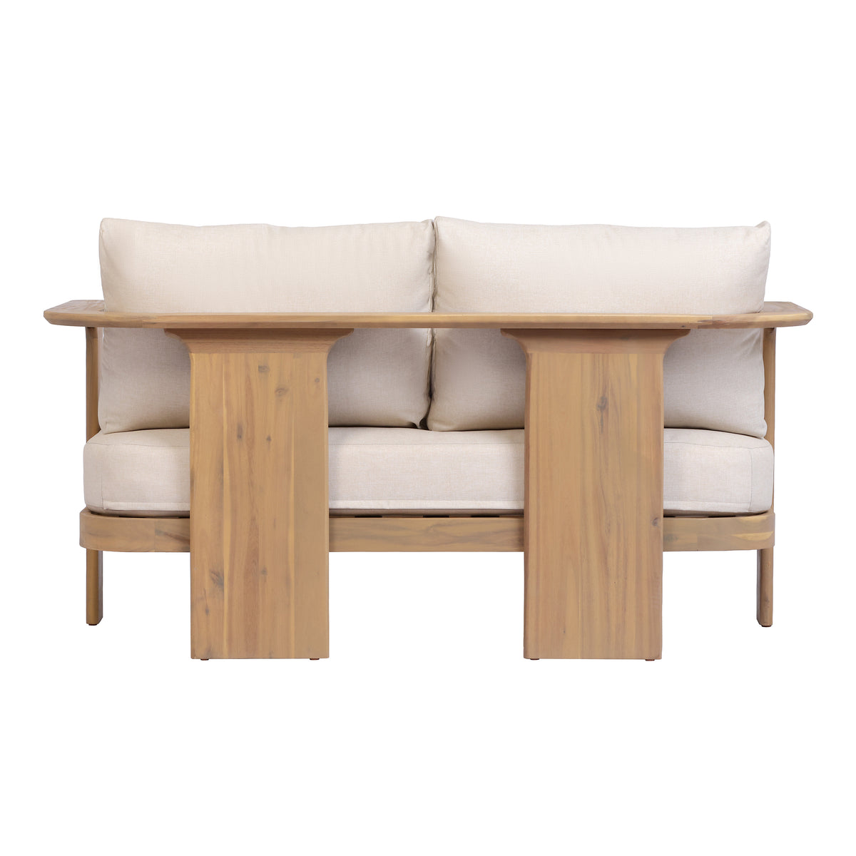 Scintilla Acacia Wood Outdoor Loveseat with Coffee Table, 2 Pcs Patio Furniture Set with Water Repellent Beige Cushions, Brown Frame, Ideal for Backyard Porch Balcony Deck