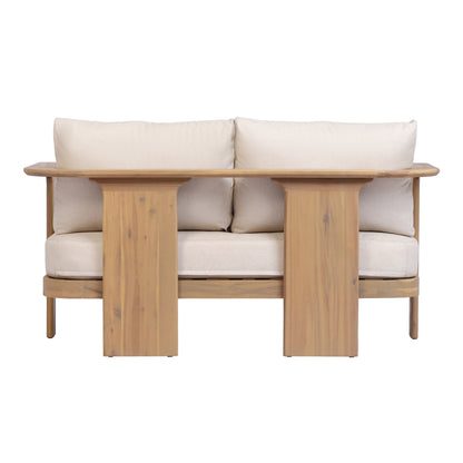 Scintilla Acacia Wood Outdoor Loveseat with Coffee Table, 2 Pcs Patio Furniture Set with Water Repellent Beige Cushions, Brown Frame, Ideal for Backyard Porch Balcony Deck