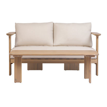 Scintilla Acacia Wood Outdoor Loveseat with Coffee Table, 2 Pcs Patio Furniture Set with Water Repellent Beige Cushions, Brown Frame, Ideal for Backyard Porch Balcony Deck
