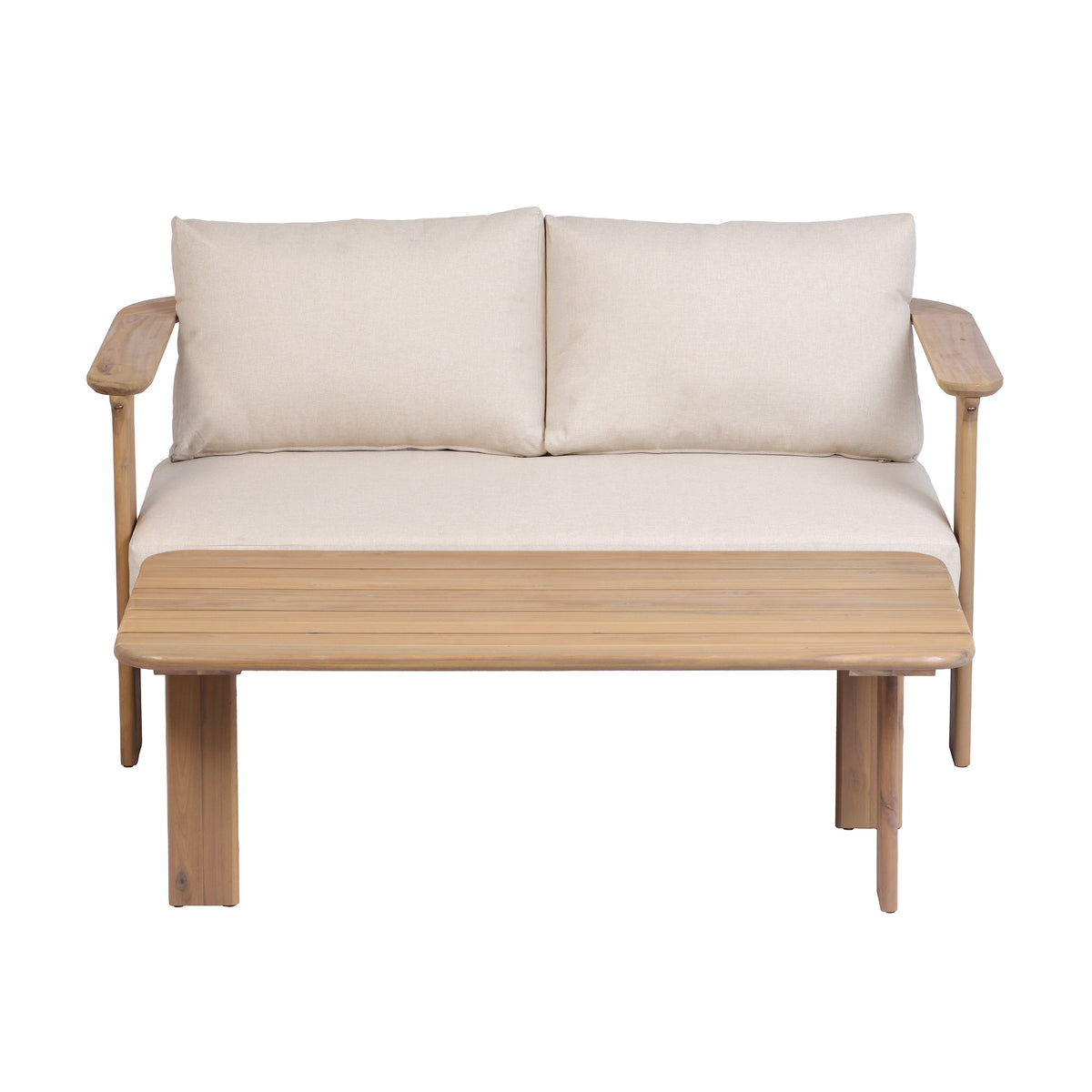 Scintilla Acacia Wood Outdoor Loveseat with Coffee Table, 2 Pcs Patio Furniture Set with Water Repellent Beige Cushions, Brown Frame, Ideal for Backyard Porch Balcony Deck