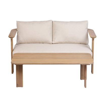Scintilla Acacia Wood Outdoor Loveseat with Coffee Table, 2 Pcs Patio Furniture Set with Water Repellent Beige Cushions, Brown Frame, Ideal for Backyard Porch Balcony Deck