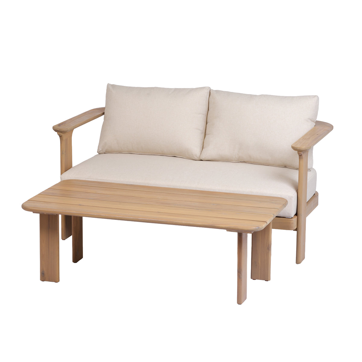 Scintilla Acacia Wood Outdoor Loveseat with Coffee Table, 2 Pcs Patio Furniture Set with Water Repellent Beige Cushions, Brown Frame, Ideal for Backyard Porch Balcony Deck