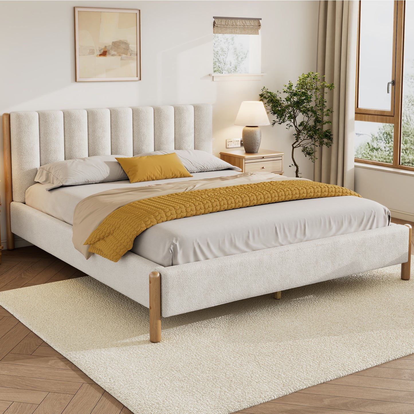 Punil Solid Wooden Bed Frame with Boucle Upholstered Thick Headboard