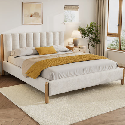 Punil Solid Wooden Bed Frame with Boucle Upholstered Thick Headboard