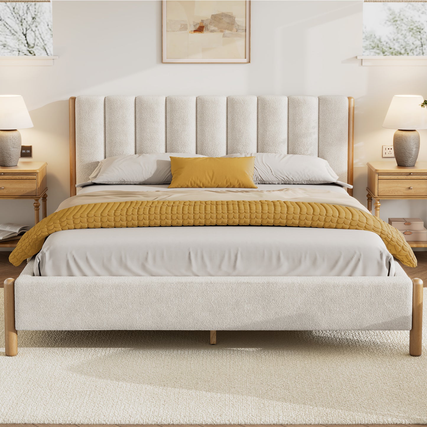 Punil Solid Wooden Bed Frame with Boucle Upholstered Thick Headboard