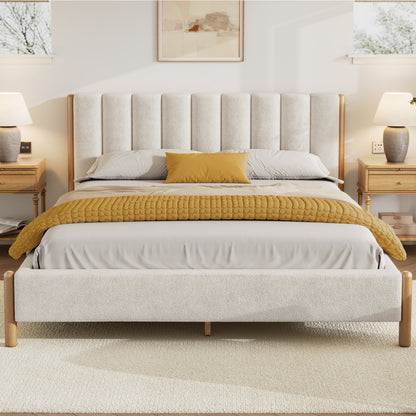 Punil Solid Wooden Bed Frame with Boucle Upholstered Thick Headboard