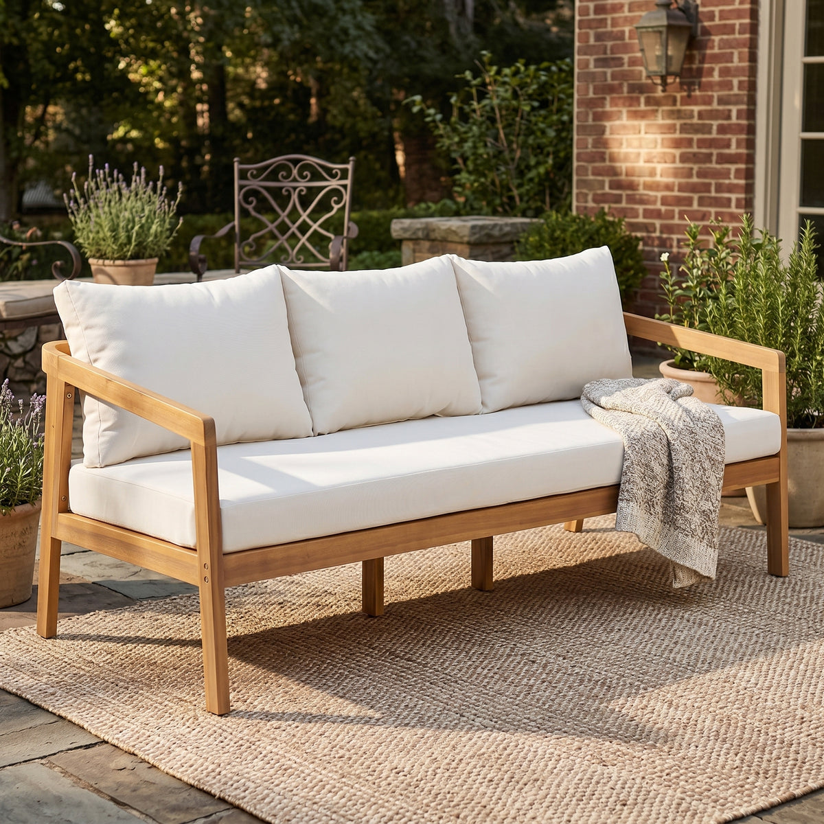 Credenza  Furniture Set with Removable Cushion, Outdoor Acacia Wood Conversation Set, Sold Wood Outdoor Sectional Sofa Set , Natural+Beige