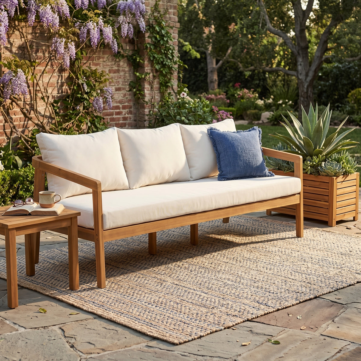 Credenza  Furniture Set with Removable Cushion, Outdoor Acacia Wood Conversation Set, Sold Wood Outdoor Sectional Sofa Set , Natural+Beige