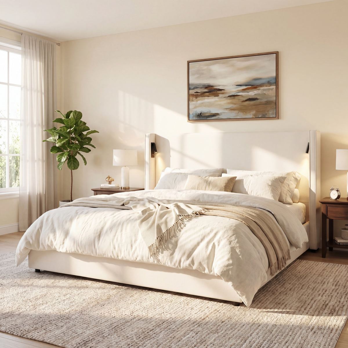 Catharsis 49.20" H King Headboard Bed, Upholstered King Size Bed, Slats Panel Support Platform, No Spring Box Needed, Wingback Headboard with Reading Lamps and USB, Beige Visit the Christopher Knight Home Store