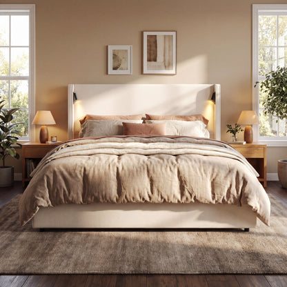 Catharsis 49.20" H King Headboard Bed, Upholstered King Size Bed, Slats Panel Support Platform, No Spring Box Needed, Wingback Headboard with Reading Lamps and USB, Beige Visit the Christopher Knight Home Store
