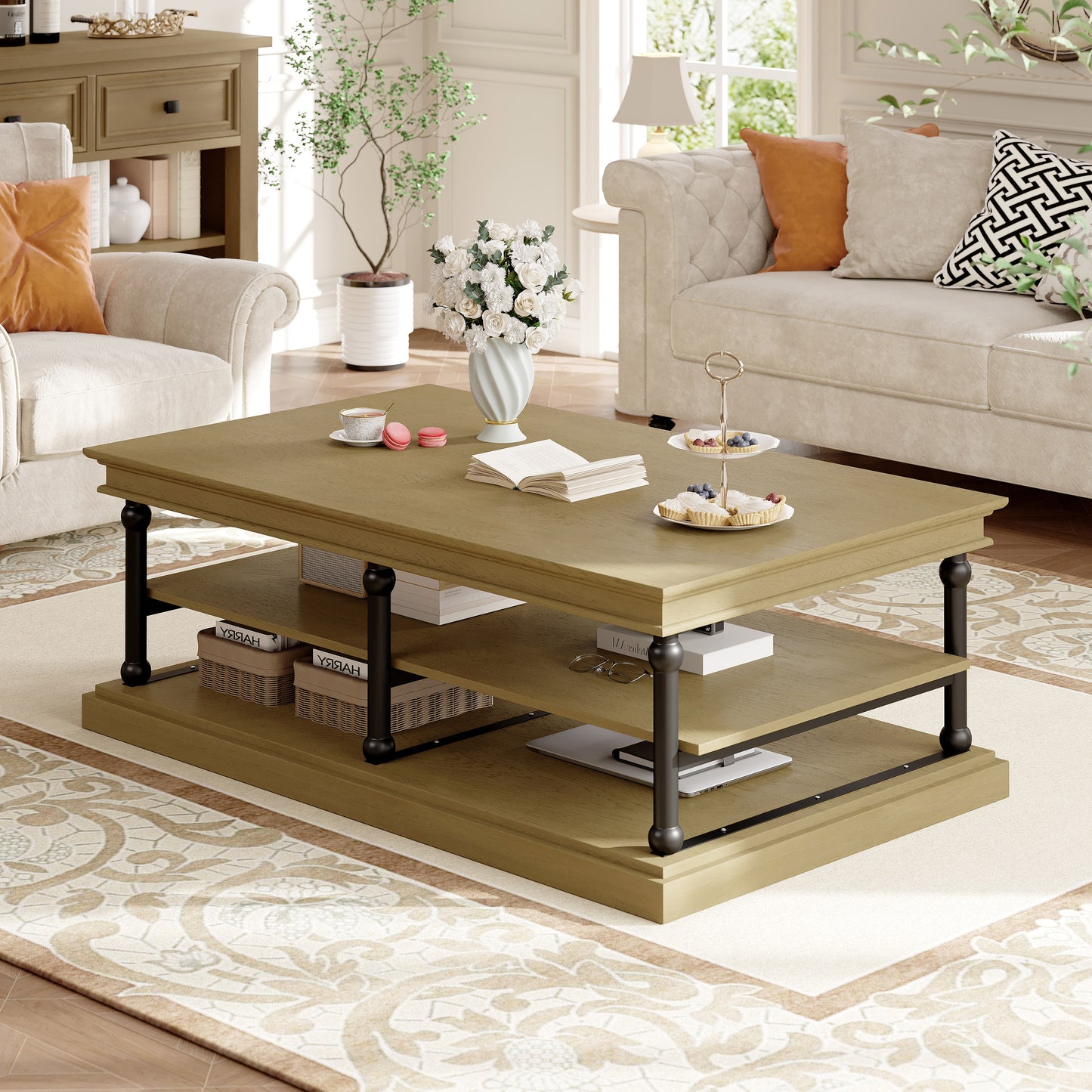 55.1" Wood Coffee Table with Black Legs, 2 Open Storage Shelves, Modern Living Room Table