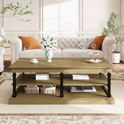 55.1" Wood Coffee Table with Black Legs, 2 Open Storage Shelves, Modern Living Room Table