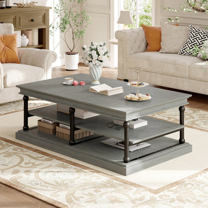 55.1" Wood Coffee Table with Black Legs, 2 Open Storage Shelves, Modern Living Room Table