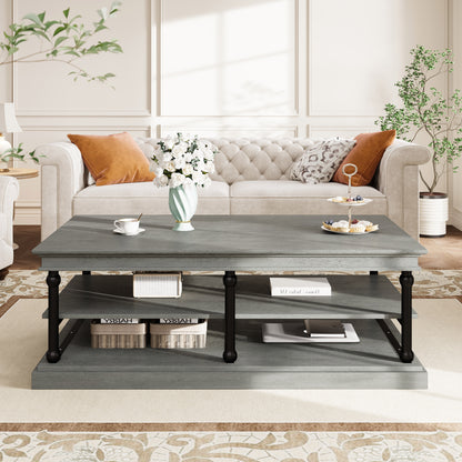 55.1" Wood Coffee Table with Black Legs, 2 Open Storage Shelves, Modern Living Room Table