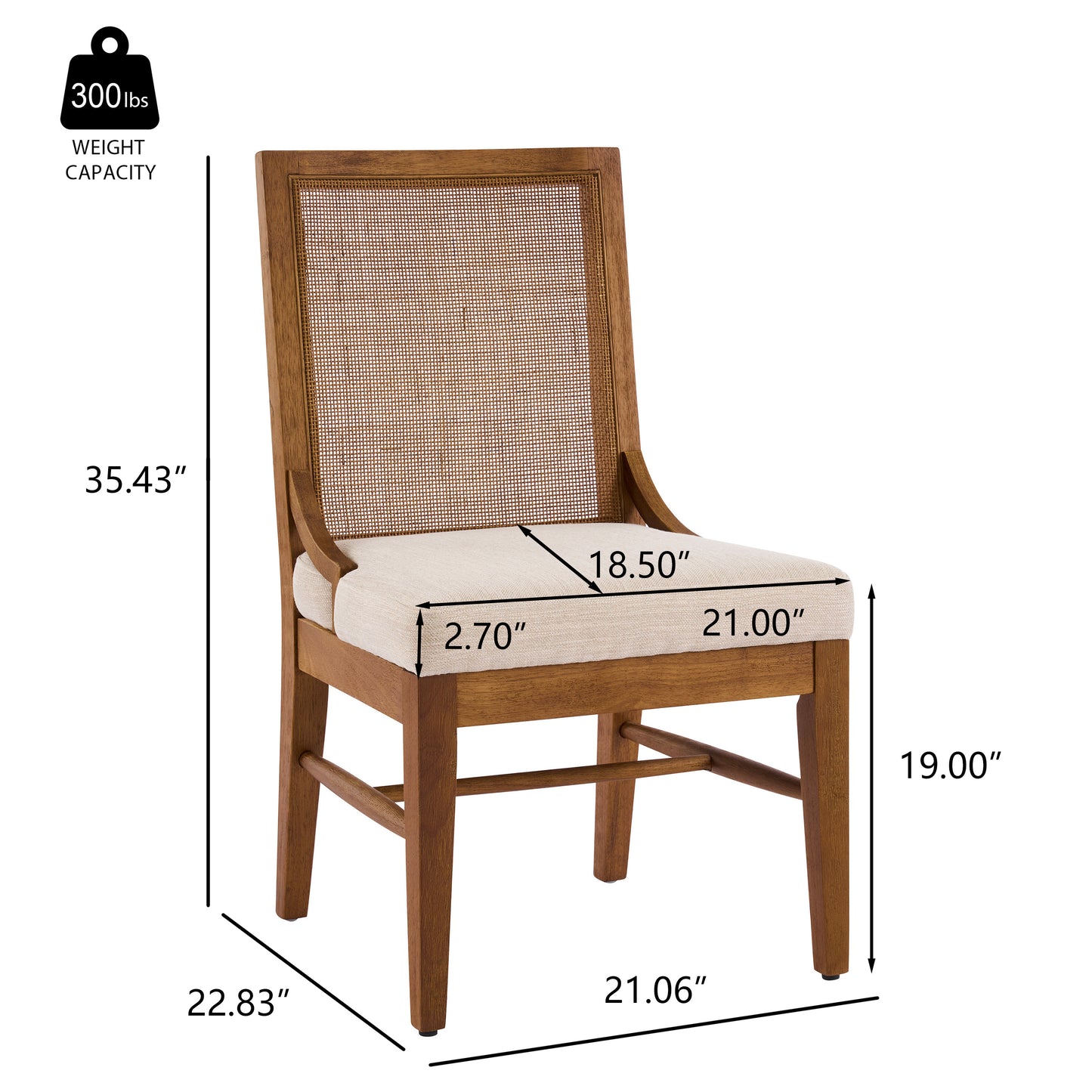 Elower Upholstered Dining Chair with Cane Back and Solid Rubber Wood Legs (Set of 2)