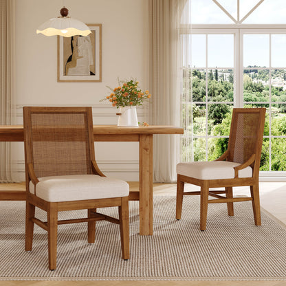 Elower Upholstered Dining Chair with Cane Back and Solid Rubber Wood Legs (Set of 2)