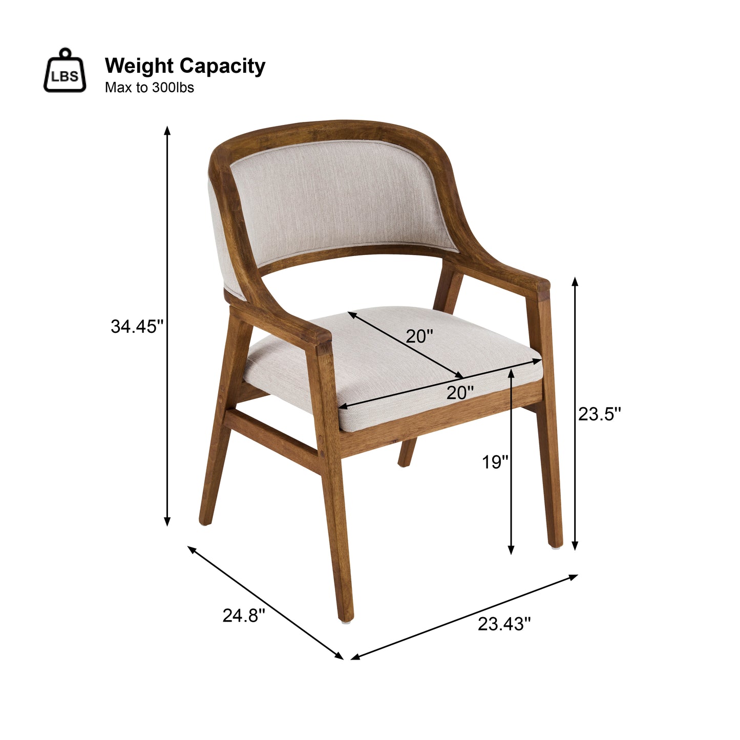 Caspian Mid-Century Modern Dining Chairs Set of 2, Wood Frame Armchairs with Fabric Cushion for Kitchen, Living Room, Home Office