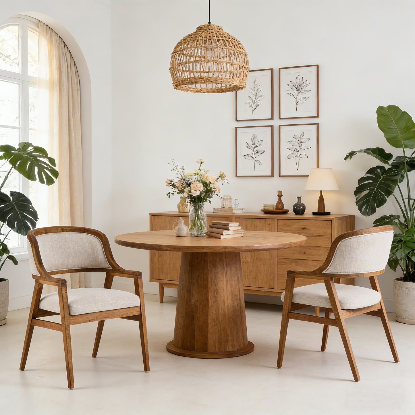 Caspian Mid-Century Modern Dining Chairs Set of 2, Wood Frame Armchairs with Fabric Cushion for Kitchen, Living Room, Home Office