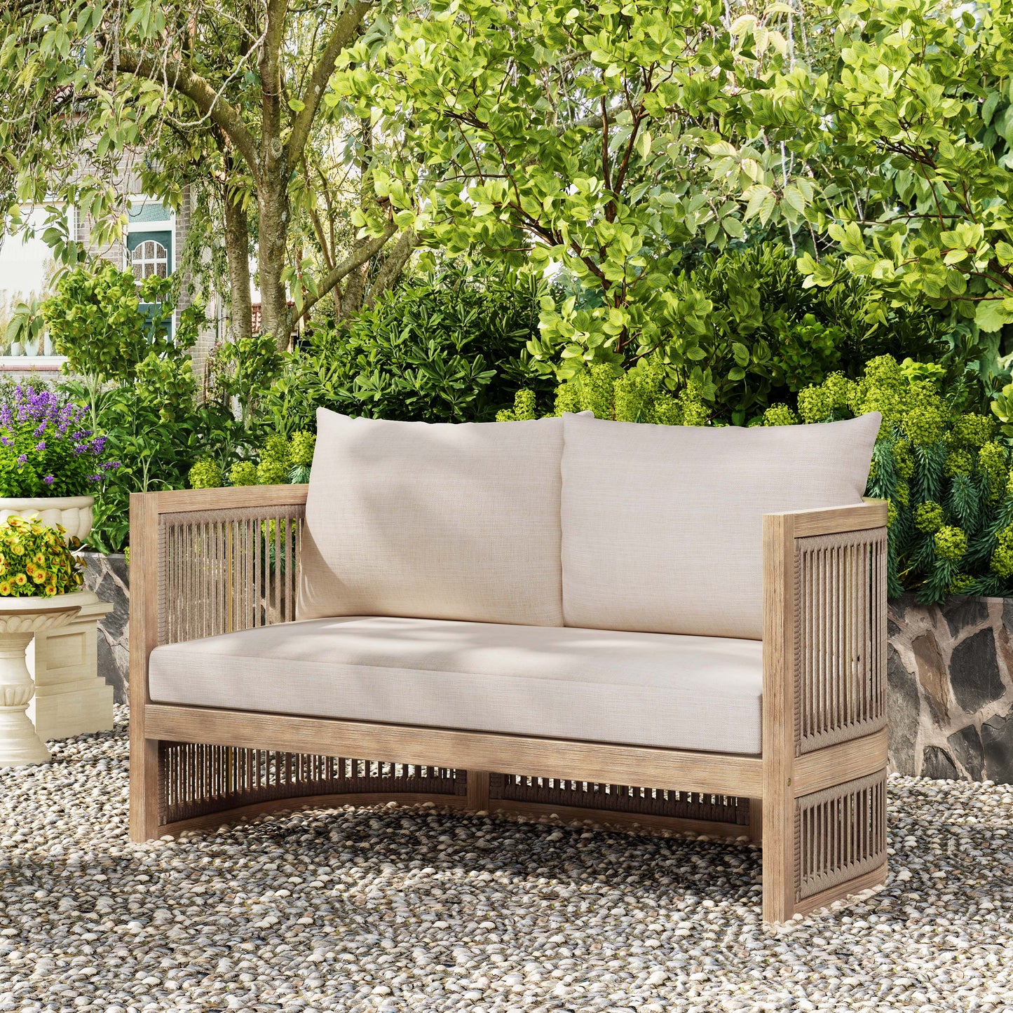 Maelrik 54.4'' Outdoor Acacia Wood Loveseat with Cushions