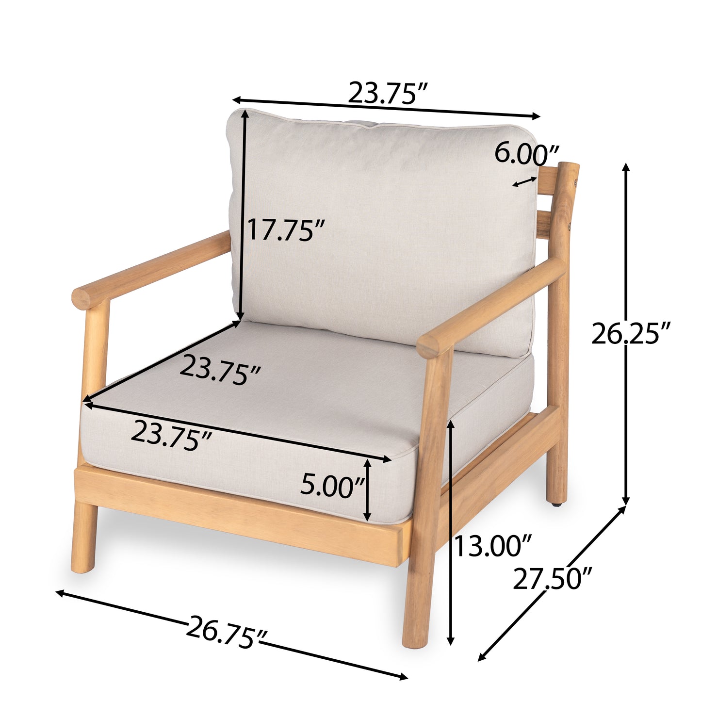 Doriannis Patio Acacia Wood Club Chair with Water-resistant Cushion
